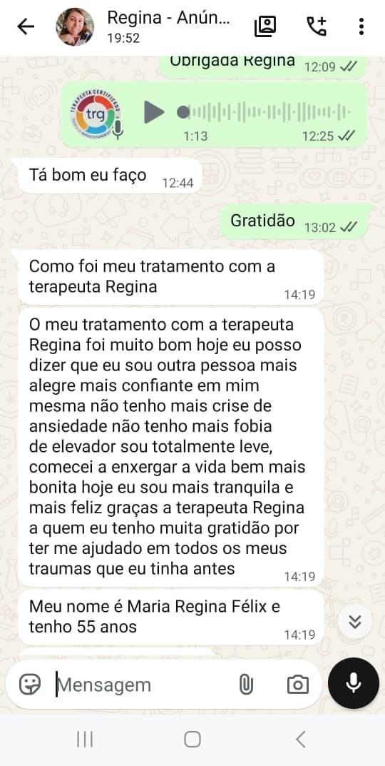 Depoimento de cliente sobre a terapia TRG